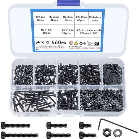 660 Pièces Vis M2 Jeu de Vis et Écrous et Rondelles, Boulon M2, Vis Boulon à Tête Hexagonale et Écrous, Vis a Six Pans Creux, Vis avec écrous Rondelles Assortiment Kit pour Moto Auto Mécaniques (1/5)