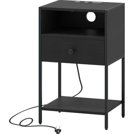 Nachttisch mit Ladestation, Schwarz, USB- und Typ-C-Anschlüsse