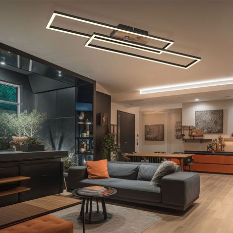 Plafonnier salle à manger lampe de salon lampe de chambre lampe de cuisine, métal noir aluminium MDF aspect bois, mobile, LED 30W 1370Lm 3000K blanc chaud, L 80 cm