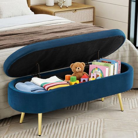 Banco de almacenamiento multifuncional, terciopelo suave, patas metálicas, marco de madera maciza, 20L de espacio, 110x40x42cm, para dormitorio, salón, zapatero, entrada, azul (1/5)
