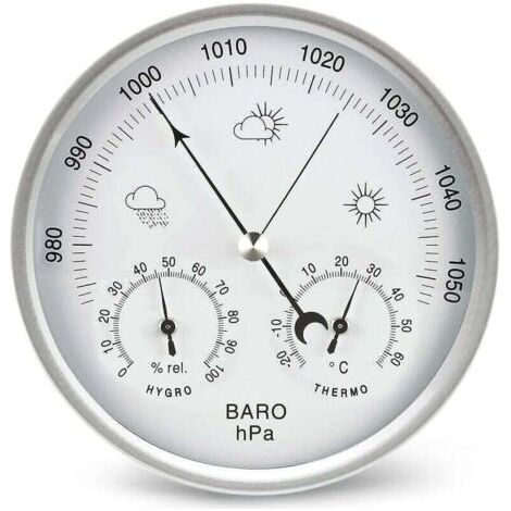 Station météo baromètre à cadran analogique avec thermomètre, hygromètre, mesures de pression atmosphérique, simple et facile à lire.