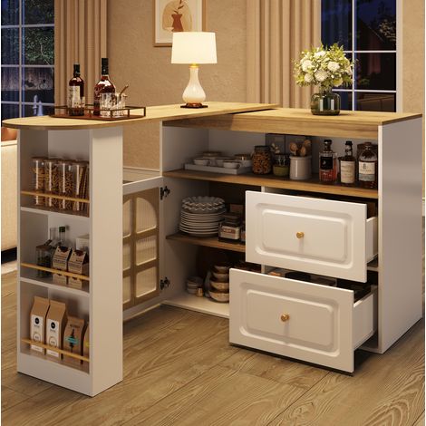 Credenza girevole 138-204/39/104 cm bianca con ante in vetro, cassetti e ripiani (1/5)