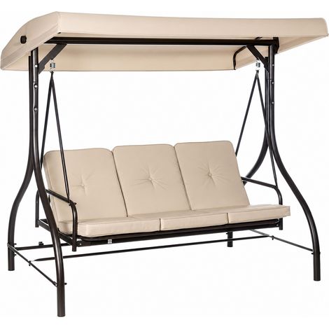 Dondolo Relax Da Giardino 3 Posti Con Tetto Parasole Seduta Regolabile E Funzione Letto Struttura In Acciaio Per Outdoor Beige