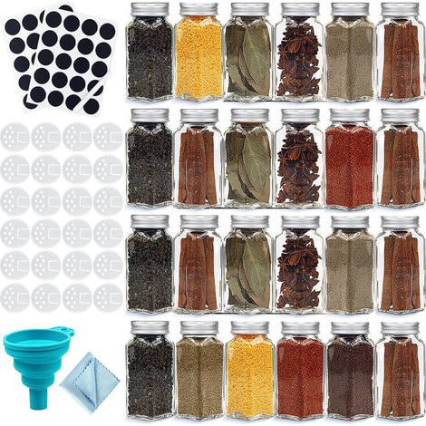 24 tarros de cristal para especias (120 ml) con tapas herméticas, etiquetas y accesorios (cuadrados) (1/5)