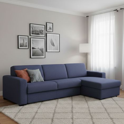 Dmora - Sofa cama Dabakar, Sofá de esquina, 100% Made in Italy, Sofá con apertura giratoria, con contenedor reversible Peninsula, con reposabrazos estándar, Cm 280x95h90, Azul (1/5)