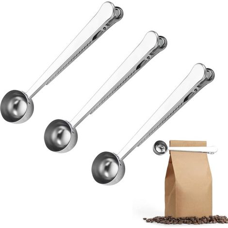 Cuillère Doseuse Café avec Clip pour Sac, 3 Pièces Cuillere Cafe Doseur à Long Manche Argenté 2 en 1 Cuillère Café en Acier Inoxydable pour lait en Poudre Epices Café et Grains (1/5)