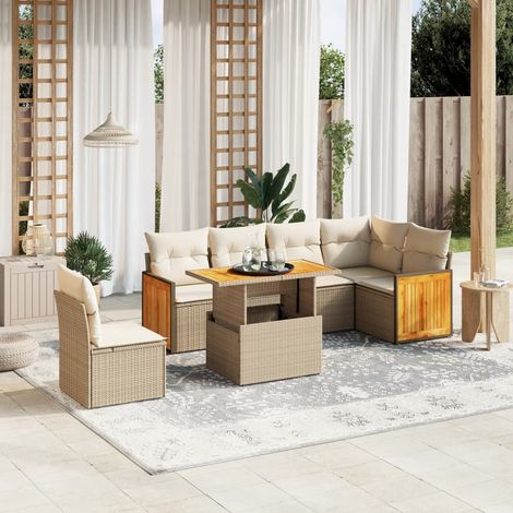 Canapé de jardin 7 pièces en résine tressée beige avec coussins amovibles – Table réglable 100x55 cm (1/3)