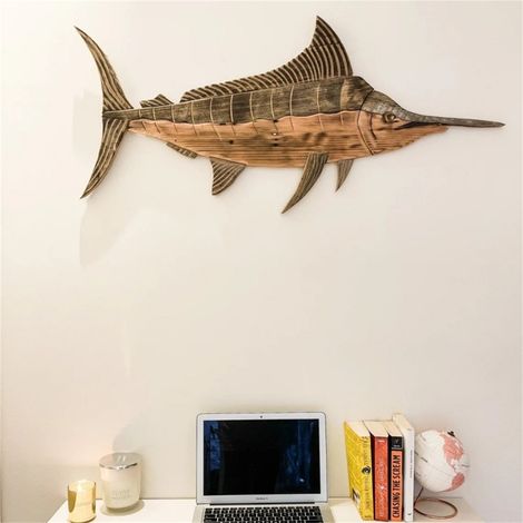 Sculpture Murale Bois - Thème Nautique Baleine Voilier - Décoration Intérieure Plage Côtière - Dimensions 75 x 15 x 4 cm - 1 Pièce (1/4)