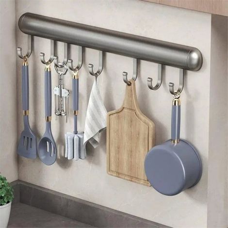 Porte-Crochets Cuisine - Barre Suspension Murale Sans Perçage - Pour Ustensiles Spatules Cuillères - 2 Pièces (1/5)
