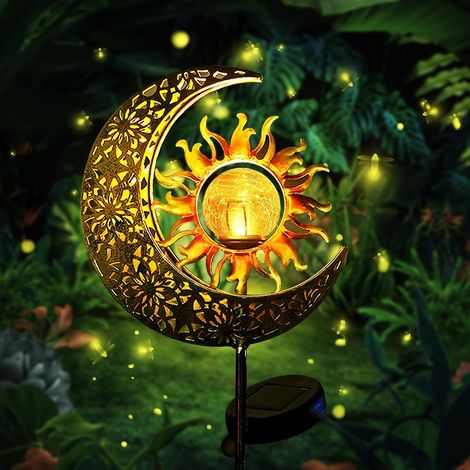 Steingartendekoration für den Außenbereich, Solarlampen für den Außenbereich, Gartendeko, Metallmond-Solar-LED-Lampe, Glaskugel-Gartenleuchte
