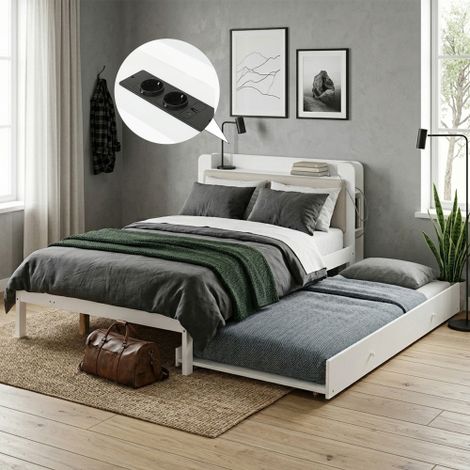 Letto funzionale 120x200 cm bianco con letto estraibile 90x190 cm, letto in legno con testiera imbottita, mensola sulla testiera, stazione di ricarica e vano contenitore a giorno, letto salvaspazio pe (1/5)