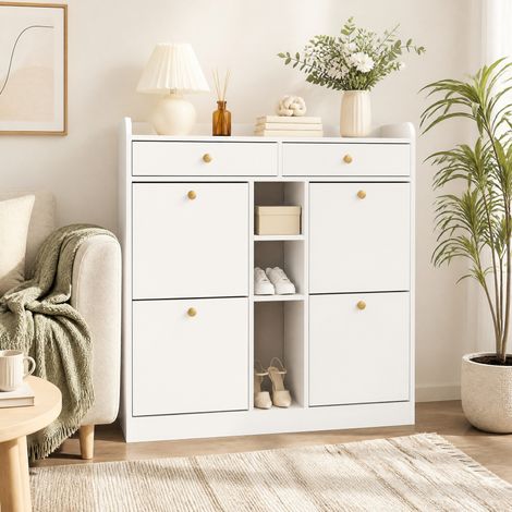Weißer Schuhschrank 110 x 26 x 100 cm mit 4 Klapptüren, 2 Schubladen und 3 Fächern (1/5)