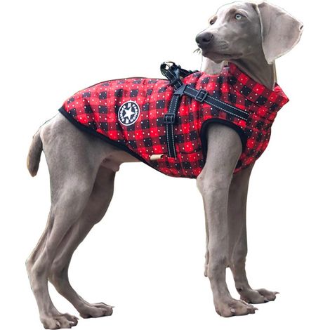 Manteau/veste d'hiver pour animaux de compagnie, convient à toutes les races de chiens, coupe-vent et imperméable, avec fermeture éclair et bandes réfléchissantes, harnais inclus, à carreaux rouges (t (1/5)