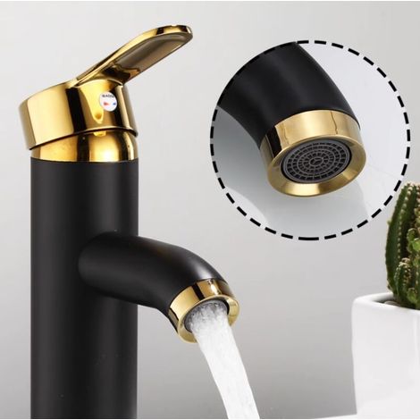 Grifo de lavabo de agua fría y caliente, grifo de lavabo de baño negro y dorado, codo alto simple (1/3)