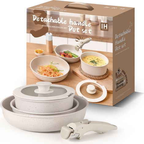 Batterie de cuisine 5 pièces, casseroles et poêles à poignées amovibles, compatible four (1/5)
