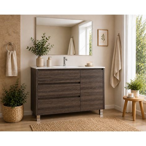 Mobile Bagno VOLUM Già Montato 3 cassetti e porta, lavabo e specchio Frassino tea 100x40 cm
