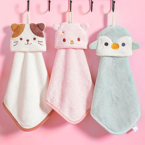 Ensemble de 3 jolies serviettes de bain pour enfants avec boucles de suspension et imprimé animal. (1/5)