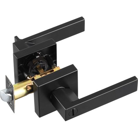 Poignée de porte privative, 1 pièce, levier noir mat, réversible gauche/droite, avec serrure sans clé, rotation 45° pour ouvrir, carré universel pour portes intérieures de chambre et salle de bain. (1/5)