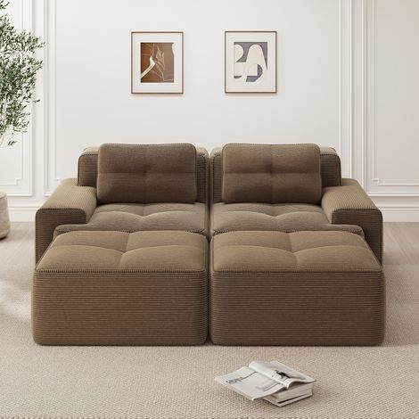 Modulares U-Sofa braun aus Cord mit Tiefsitz, Ottoman und montagefreiem Design (1/5)