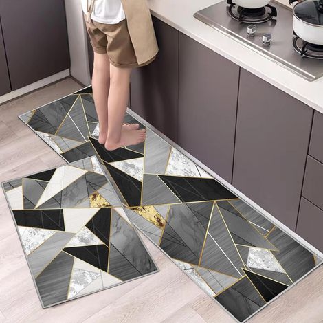 JSSEVN - Set of 2 Non-Slip Kitchen Mats, Absorbent Water and Oil, Dust Resistant Kitchen Mats (Geometric Grey, 40 x 60 + 40 x 120 cm) (1/5)
