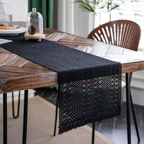 JSSEVN - Boho Macrame Table Runner in Cotton Linen with Tassels, 30x180cm Rectangular Crochet Lace Mesh Tablecloth for Vintage Farmhouse Kitchen Wedding, Black (1/5)