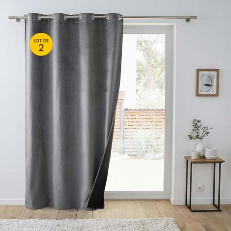Lot de 2 Rideaux isolant thermique a oeillets 140 x 260 cm velours relief Polarchic Anthracite (1/5)