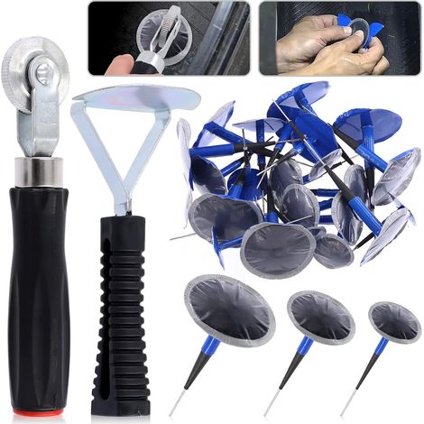 Kit d'outils de réparation de pneus de 26 pièces comprenant 1 rouleau d'emplâtre pour pneu, 1 grattoir pour doublure intérieure de pneu et 24 embouts de réparation de pneu de 4 mm/6 mm/9 mm (1/5)