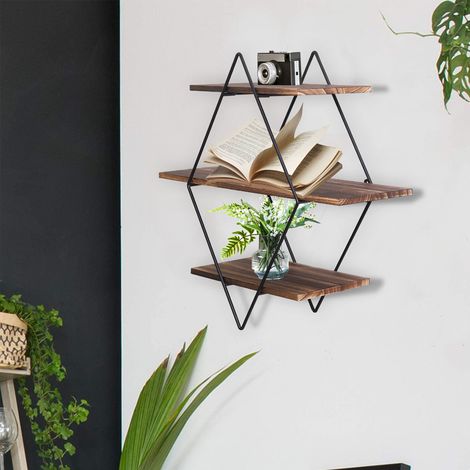 3 Tiers Diamond Floating Shelf Wall Mounted Storage Shelving Vintage Wooden Rack (1/5)