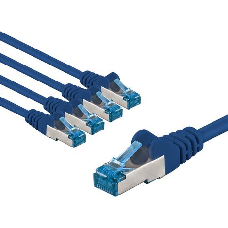 CAT 6A Patchkabel, S/FTP (PiMF), 5 m, blau, 5er-Set, Kupferleiter (CU), halogenfreier Kabelmantel (LSZH). Kabellänge 5 m
