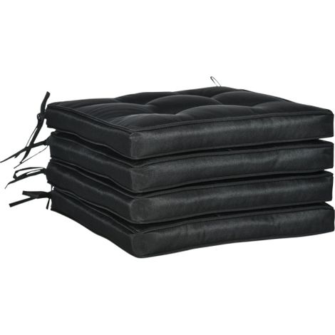Set of 4 Garden Seat Cushion with Ties, 42 x 42cm Replacement Dining Chair Seat Pad, Black