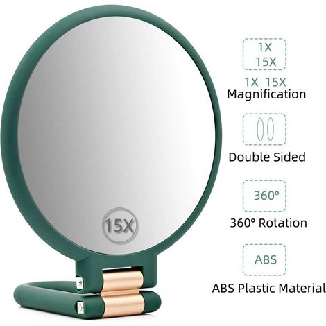 Miroir de poche double face avec poignée, grossissement 15x, réglable, pliable, miroir de maquillage de voyage, grossissement 1/15x (vert foncé 1pc) (1/4)