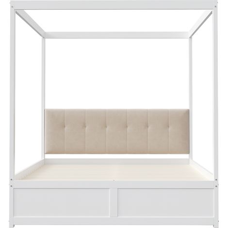 Lit à baldaquin 140 x 200 cm avec tête de lit rembourrée et rangements, blanc, REDOM (1/5)