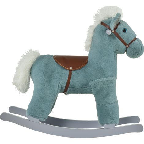Cheval à bascule en peluche et bois avec sons et ourson inclus, pour enfants de 18 à 36 mois, 65x26x55cm, Bleu (1/5)