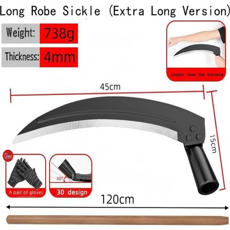 Faux à longue lame, manche en bois de 120 cm, lame de 45 cm, épaisseur 4 mm, outil de désherbage pour le jardin, gants de protection offerts (1/5)