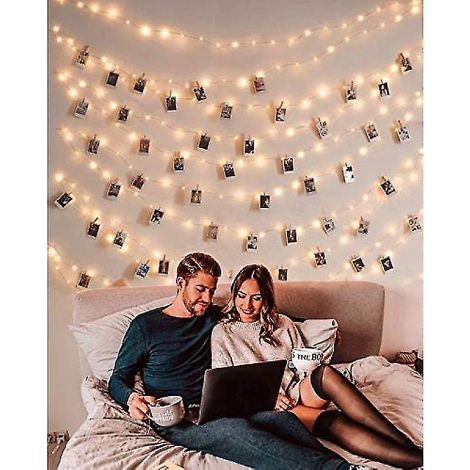 Guirlande lumineuse de 10 m avec 100 LED et 50 pinces pour photos, connexion USB, idéale pour la décoration de chambres, les murs de photos et les fêtes d'anniversaire, blanc chaud. (1/5)