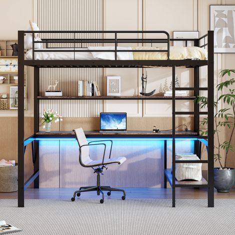Lit superposé 140x200 cm, barrière de sécurité, échelle d'accès, prises USB et secteur, éclairage LED, bureau intégré, étagères multiples, sans matelas, cadre en métal noir (1/5)