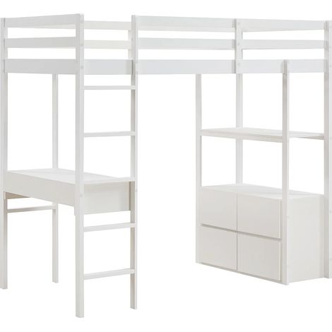 Lit mezzanine 90 x 190 cm avec bureau et rangements - Pin et MDF - Blanc - KALIZI (1/5)