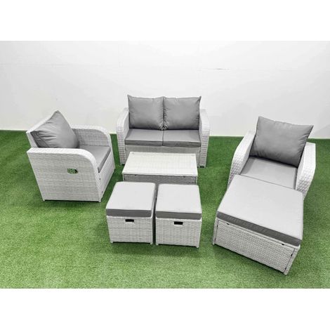 Fimous Light Grey PE Wicker Rattan Garden Furniture Set Sofa Set Reclining Adjustable Chair Rectangular Coffee Table 7 Seater 3 Stools (1/4)