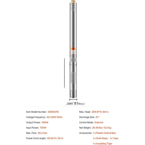 Pompe submersible, construction en acier inoxydable, haute efficacité énergétique, 750W Démarrage Externe, UE (1/2)