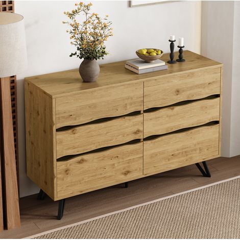 Sideboard aus Spanplatte in Holzoptik, 6 Schubladen, schwarze Metallfüße, 120 x 40 x 75,5 cm (1/5)