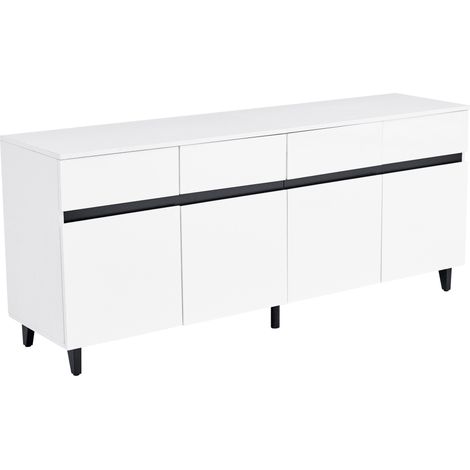 Buffet blanc brillant 160 x 40 x 68 cm avec 4 tiroirs et étagères réglables (1/5)