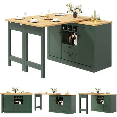 Îlot de Cuisine Extensible Multifonction,Table de bar Rotative 360°Réglable 120-180cm,Avec 2 tiroirs & Portes,Vert