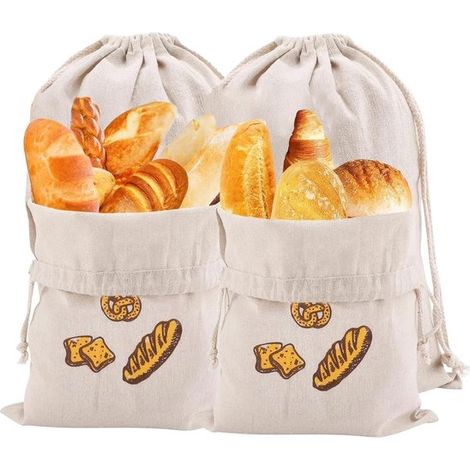 Sacchetti per il pane riutilizzabili in cotone, ideali per pane fresco, baguette, frutta e verdura, confezione da 4 pezzi, 40 x 30 cm con coulisse. (1/5)