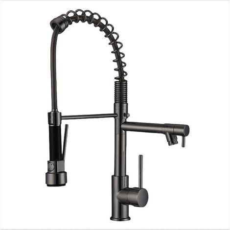 TAISHENGDA-Mitigeur d'évier de cuisine monobloc, laiton chromé, arrivée d'eau chaude et froide, bec pivotant 360°, pommeau extractible, mécanisme rotatif à double fonction de pulvérisation