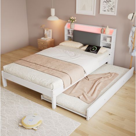 Lit gigogne enfant 120x200 cm en bois blanc, gain de place pour chambre avec lit 90x190 FloraGrace (1/5)