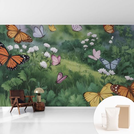 Papier peint intissé décoratif pour salon chambre et cuisine Facile à poser avec colle Papillons dans la prairie 416x254 cm (1/5)
