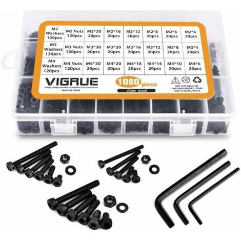 1080 pièces M2 M3 M4 boulons à vis en acier au carbone écrous et rondelles Kit d'assortiment de avec boîte de rangement plat (1080 pièces) (1/5)