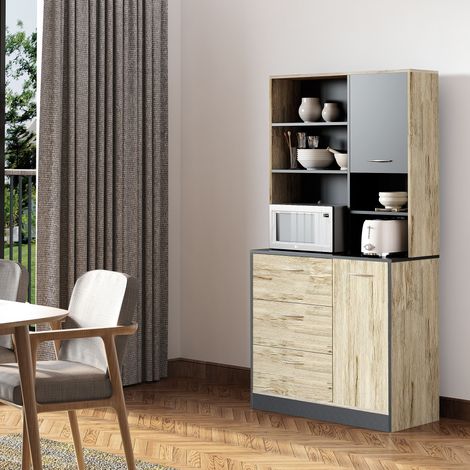 Küchen-Sideboard, vielseitiger Küchenschrank mit 2 Türen, 3 Schubladen, 3 Einlegeböden und großer Ablagefläche, 90 x 39 x 169 cm (L x B x H), zweifarbig in hellem Eichenholz und Grau