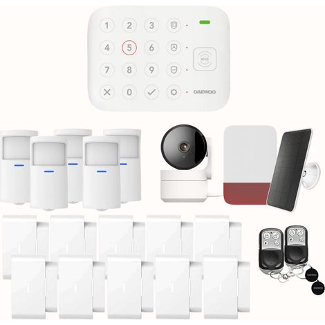 Daewoo Pack Alarme Connectée Wifi Vigilia VIG105 – Système Sans Fil et Sans Abonnement, Compatible Animaux, Détecteurs et Sirène solaire Inclus + Caméra de Surveillance Full HD, Application Incluse