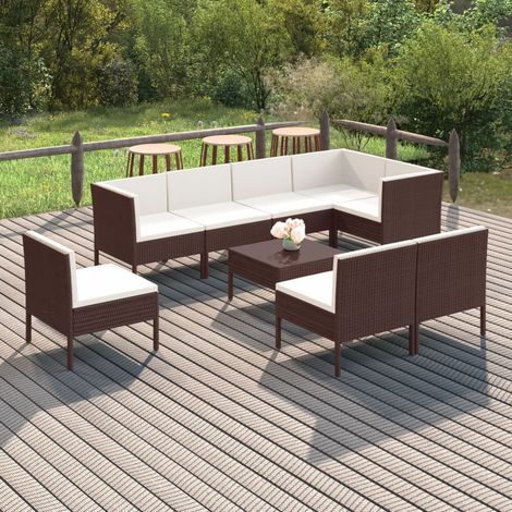 9-tlg. Garten-Lounge-Set mit Auflagen Poly Rattan Braun (1/5)